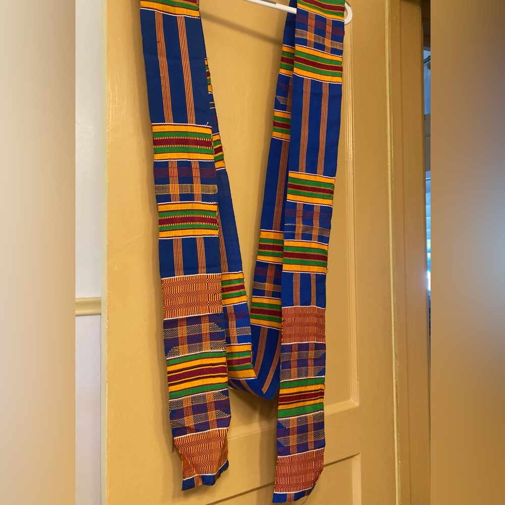 African sash, blue, gold red, green